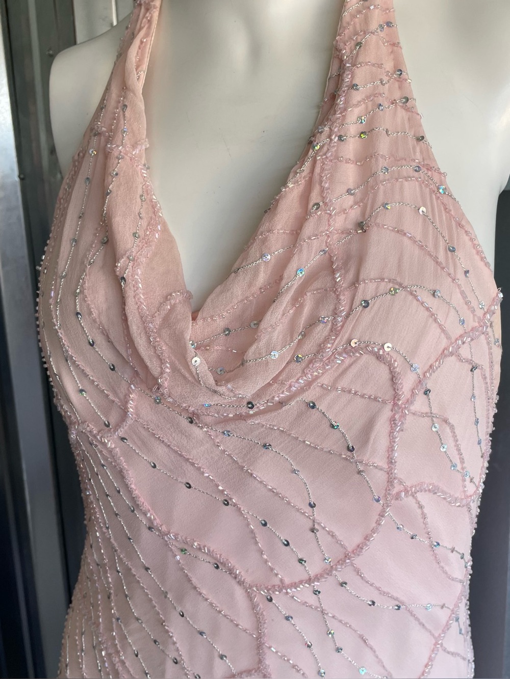 Y2K Pink Beaded Halter Dress Low Back Cowl Neck Formal Dress - Picture 2 of 10